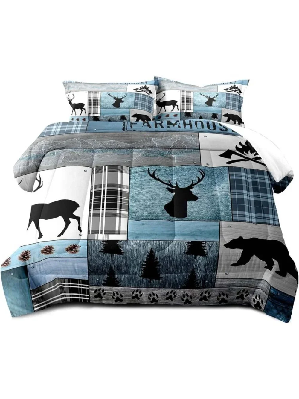 3PC Rustic Cabin Queen Comforter Set, Farmhouse Bedding, Wildlife Patchwork